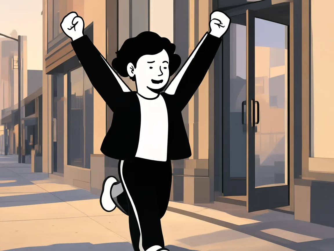Gary jogging toward an open glass door on a quiet city sidewalk at dawn, arms raised in triumph